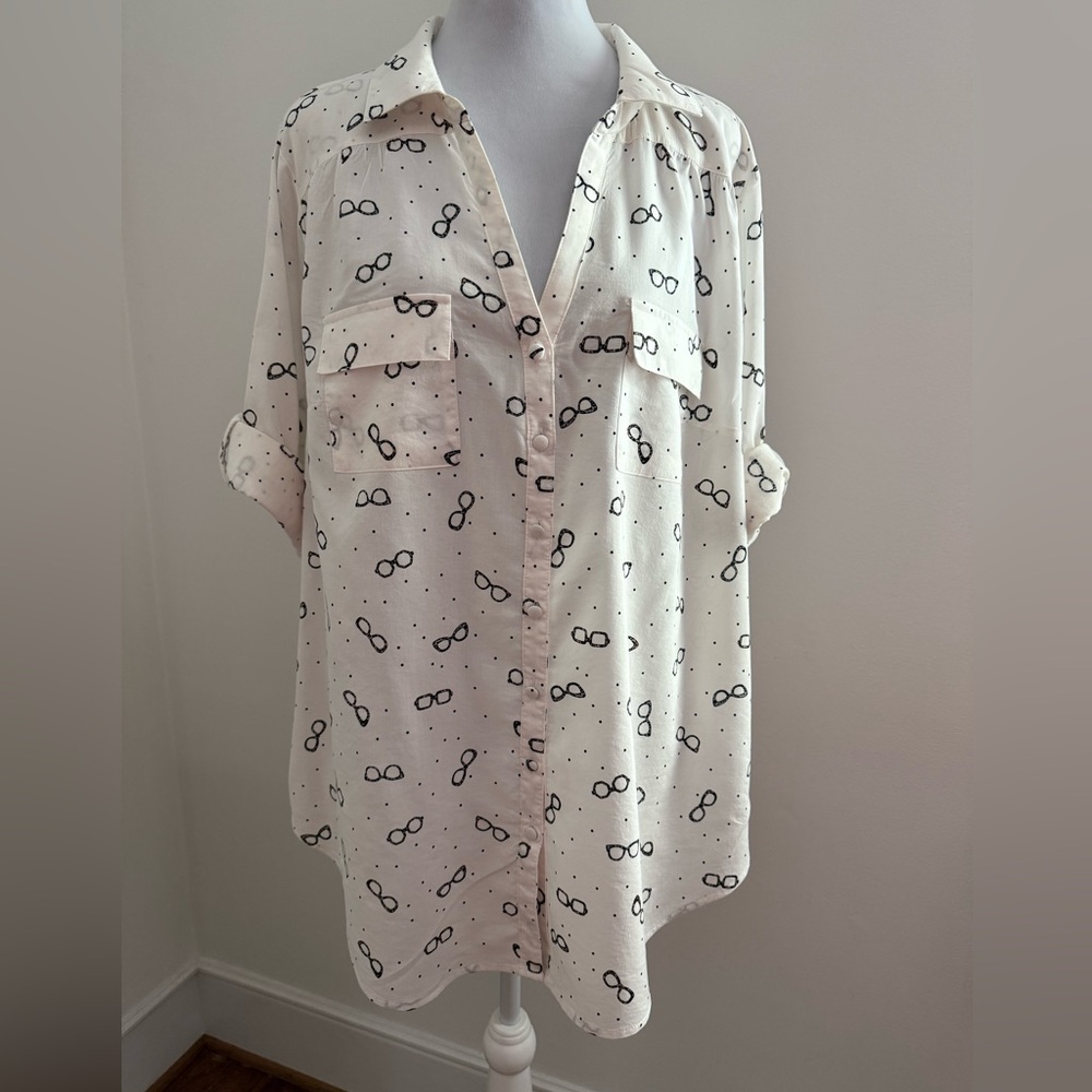 Torrid Cream Button-Down Shirt with Glasses Print